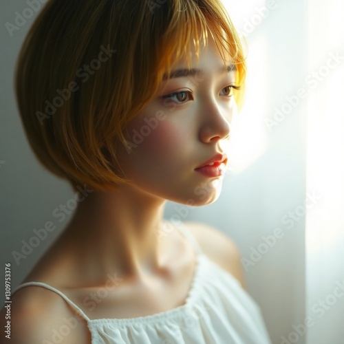 A young woman with short, dark-yellow hair, wearing a simple white dress, bathed in soft, hazy light. The image emphasizes a dreamy, ethereal atmosphere, with a focus on smooth lines and soft focus.