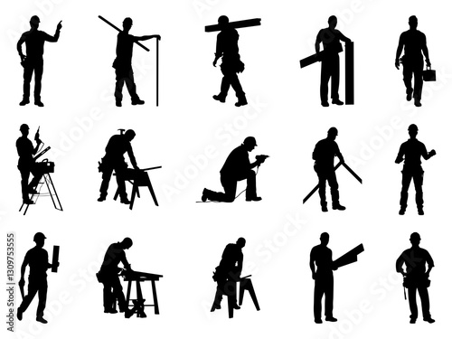 Set of Carpenter Silhouette in various poses isolated on white background