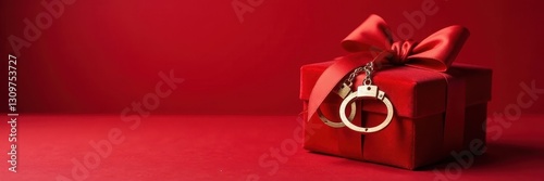 Velvet gift box, plush handcuffs, red backdrop, celebration, intimacy