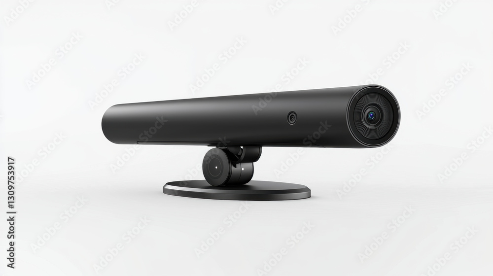Sleek black camera on stand, ideal for video conferencing and streaming. This modern device enhances communication with high quality visuals and minimalist design Sleek black camera on stand, ideal for video conferencing and streaming. This modern device enhances communication with high quality visuals and minimalist design