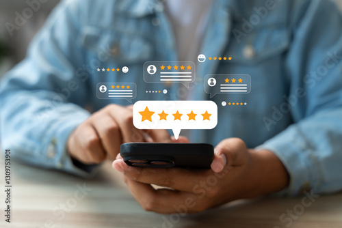 Online customer satisfaction Survey service concept, client rate service from experience in application,Consumer give five-Stars and feedback review for quality, Business reputation ranking from buyer