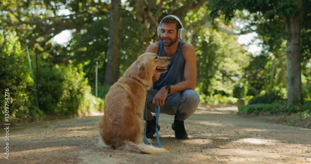 Music, running and walking dog with man in park together for bonding, exercise or wellness. Fitness, obedience or training with athlete and pet labrador outdoor in nature for cardio or workout