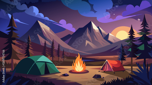 mountain campsite at dusk with a glowing bonfire and a tent under the stars