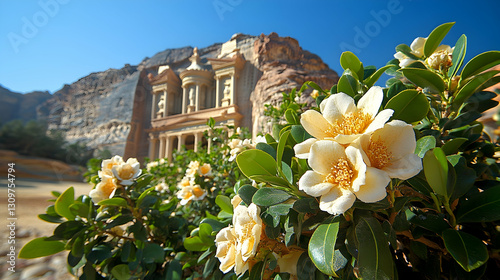 Ancient city bathed in sunlight, vibrant flowers