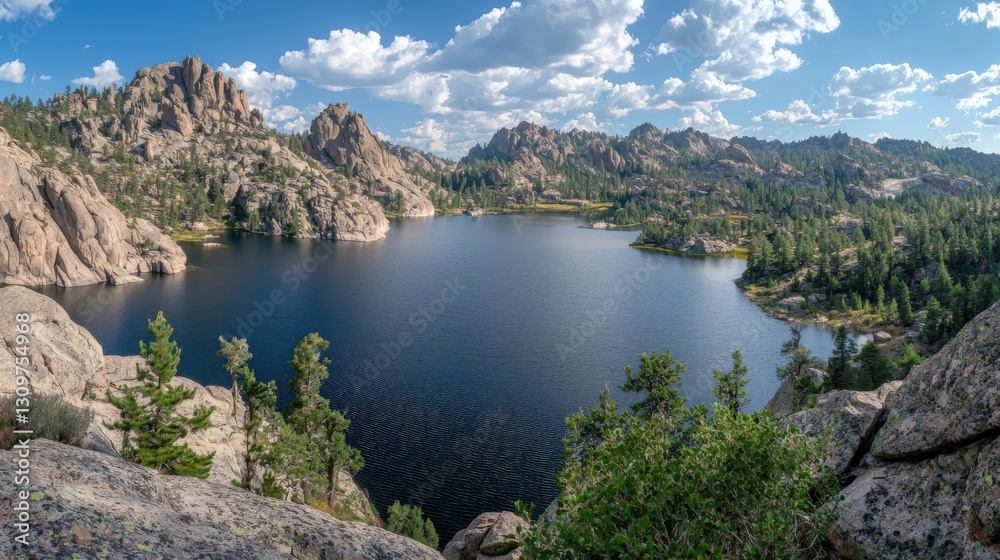 Fototapeta premium Stunning Panoramic View of a Mountain Lake in a Rocky Landscape