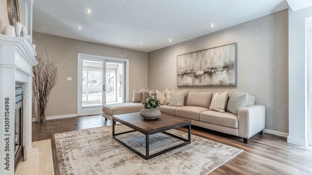 Fototapeta premium Modern Living Room Interior Design with Beige Sectional Sofa and Large Artwork