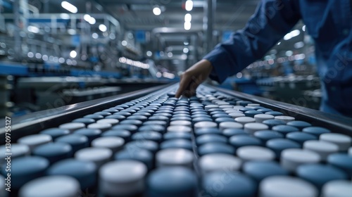 An industrial worker hand inspects products on a factory assembly line