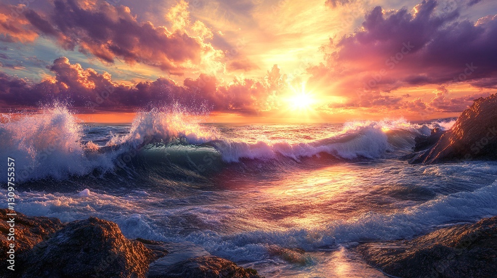 Fototapeta premium Waves crash on the rocks as the sun sets, painting the sky with vibrant oranges and purples. A breathtaking scene of nature's power and beauty.