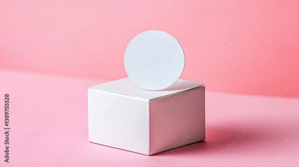Blank white circle label atop a white square box on a pink backdrop Blank white circle label atop a white square box on a pink backdrop