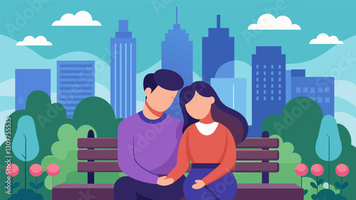 In the midst of a bustling city the couple finds a quiet park bench to pray together their eyes closed in peaceful devotion.. Vector illustration