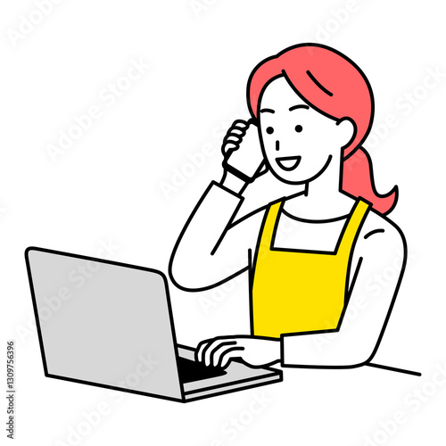 ノートパソコンを操作しながら電話するエプロン姿の女性