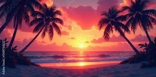 Silhouetted palms, sunset hues paint tropical beach, coconuts, peaceful