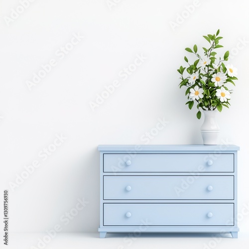 a light blue dresser with a vase of flowers on top, and white walls in background. The room's atmosphere is bright, airy and minimalist