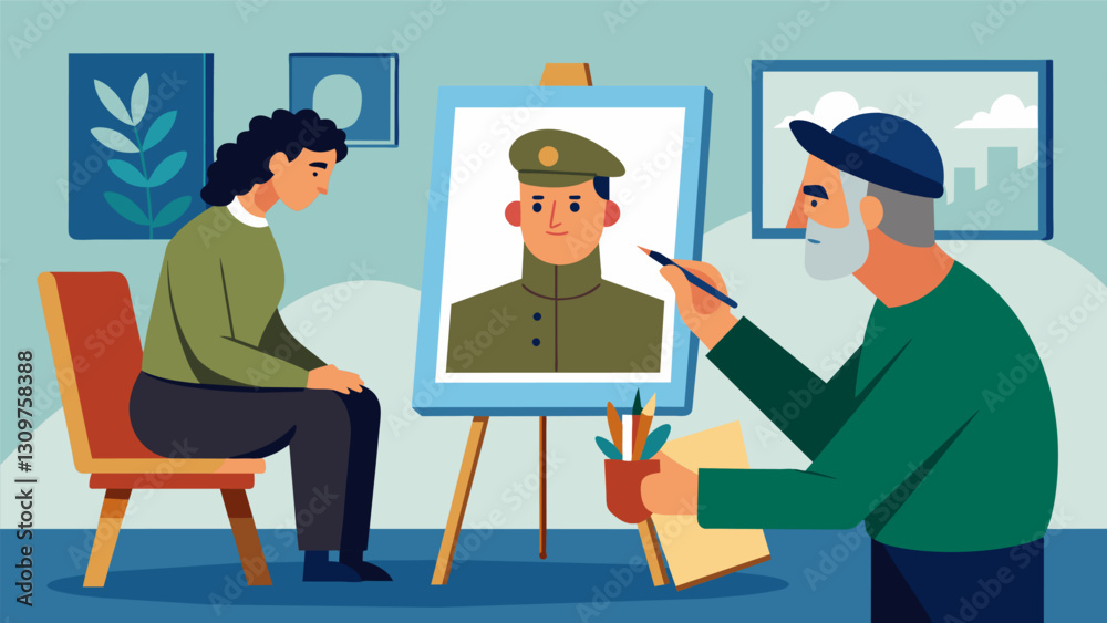 In a quiet corner of the art therapy room a veteran quietly sketches a portrait of a fellow soldier reflecting on their bond and memories together.. Vector illustration In a quiet corner of the art therapy room a veteran quietly sketches a portrait of a fellow soldier reflecting on their bond and memories together.. Vector illustration