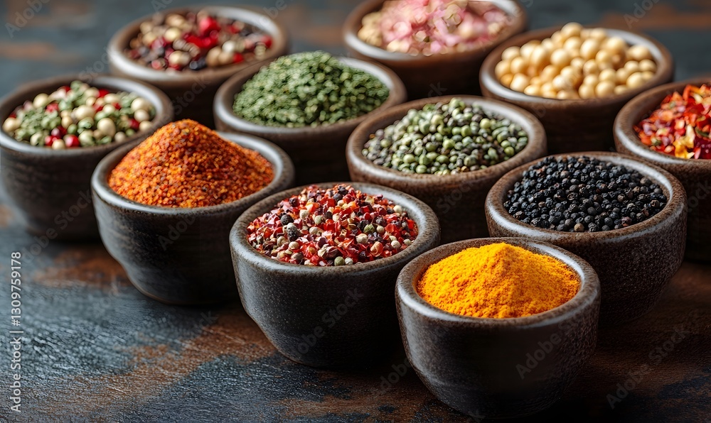 An assortment of vibrant spices and seasonings arranged in small bowls An assortment of vibrant spices and seasonings arranged in small bowls