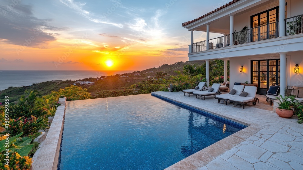 Fototapeta premium Luxury oceanfront villa with infinity pool at sunset