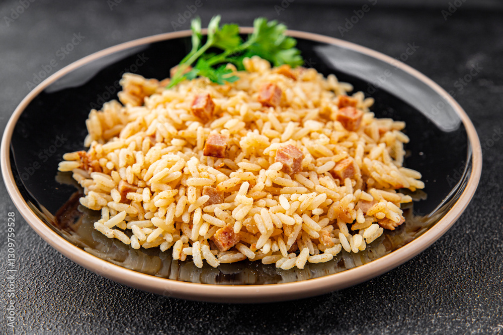Rice with ham meat main course delicious fresh delicious gourmet food background on the table rustic food top view copy space Rice with ham meat main course delicious fresh delicious gourmet food background on the table rustic food top view copy space