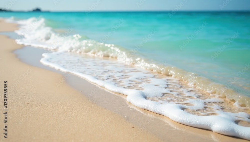 Soft blue wave washes ashore on smooth sandy beach, sunlight glints on wet sand, sunlight, peaceful, water Soft blue wave washes ashore on smooth sandy beach, sunlight glints on wet sand, sunlight, peaceful, water