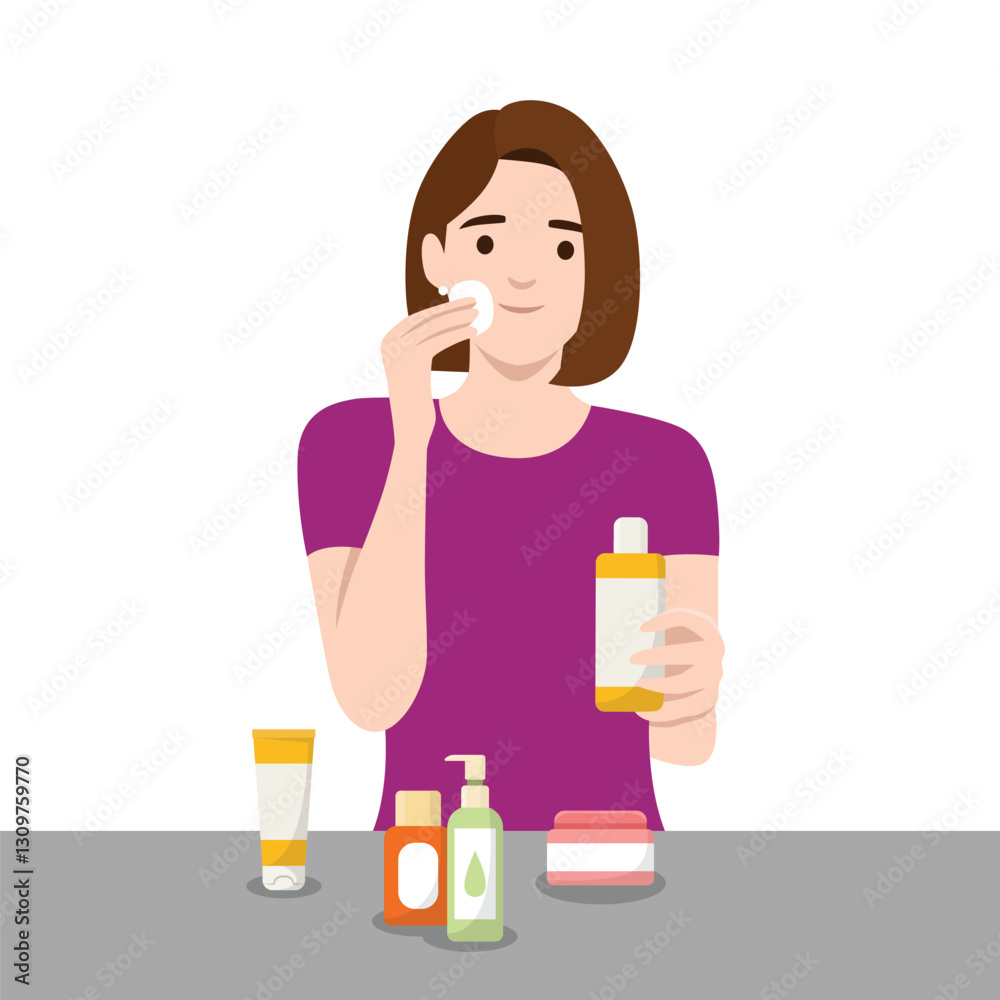 Woman applying facial toner with a cotton pad while surrounded by various skincare products. Flat vector illustration isolated on white background Woman applying facial toner with a cotton pad while surrounded by various skincare products. Flat vector illustration isolated on white background
