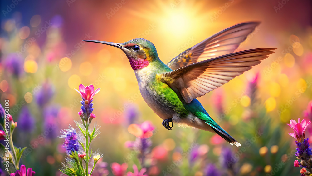 Naklejka premium Hummingbird in Bloom: A stunning hummingbird in vibrant flight against a backdrop of colorful flowers and soft sunlight, capturing the essence of natural beauty and delicate elegance.
