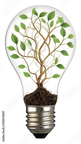 Captivating Lightbulb Tree Image: Witness Life Thriving in an Innovative Ecosystem - Branches, Roots, and Green Leaves on Display.