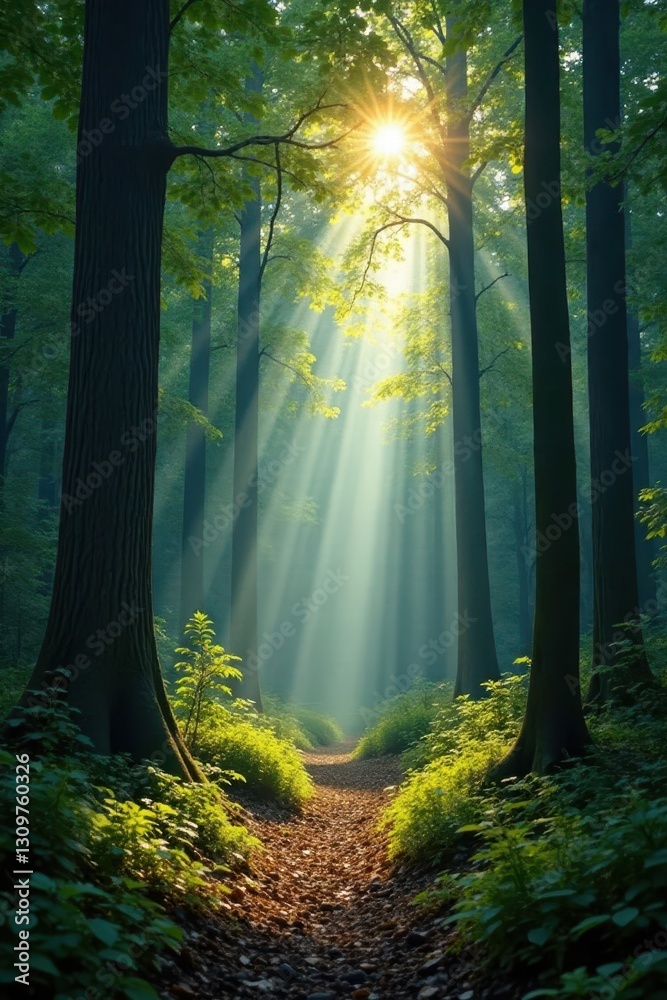 Obraz premium Sunbeams pierce dense forest canopy, dappled light on woodland floor, landscape, mystical