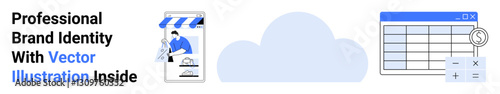 Cloud with a storefront, digital man working on branding, financial spreadsheet and magnifying glass. Ideal for business, e-commerce, finance, management, cloud services, marketing flat landing page