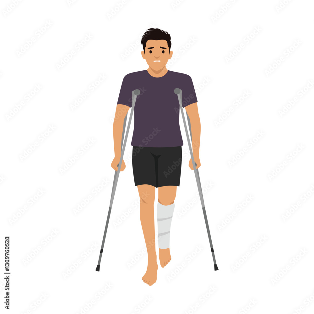 Young man with a bandaged leg is walking with the support of crutches. Flat vector illustration isolated on white background Young man with a bandaged leg is walking with the support of crutches. Flat vector illustration isolated on white background