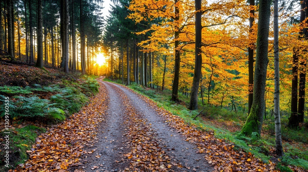 Fototapeta premium Serene Autumn Pathway Through Vibrant Forest with Golden Sunlight Streaming