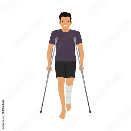 Young man with a bandaged leg is walking with the support of crutches. Flat vector illustration isolated on white background