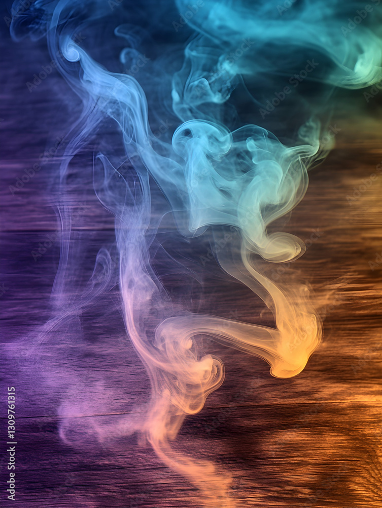 Fototapeta premium Colorful smoke swirling over wood