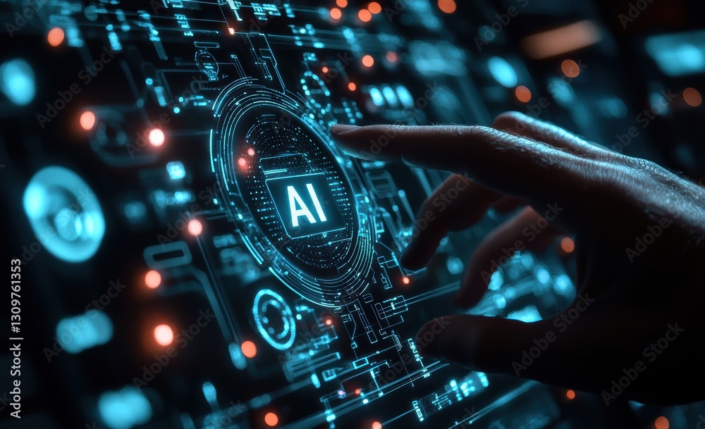 Fototapeta premium Engineer activating artificial intelligence on futuristic interface