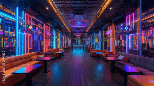 This Vibrant neon lights illuminate a lively karaoke space ideal for nightlife gatherings and fun.