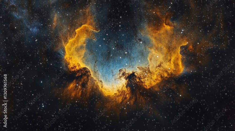 Fototapeta premium Cosmic Nebula: A Celestial Tapestry of Gold and Blue