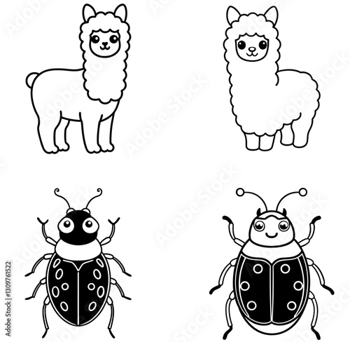 Cute Kawaii Alpaca and Ladybug Clipart | Adorable Animal Line Art for Coloring Pages
