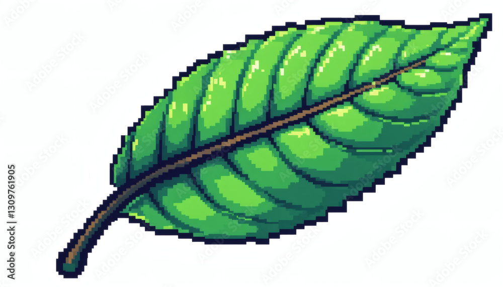 Naklejka premium Pixelated 8-Bit Leaf with Blocky Edges and Vibrant Green Hues, Isolated on White Background for Retro Natural Aesthetic