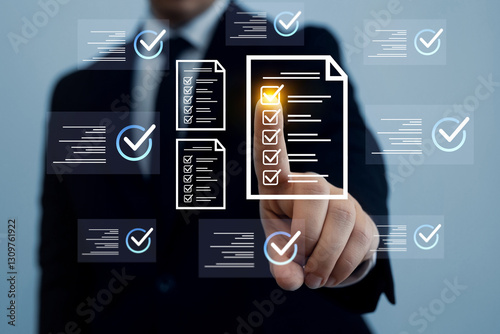 Business productivity checklist and filling survey form.Fast checklist and clipboard task management.Businessman check virtual electronic documents and checklist approve.	
