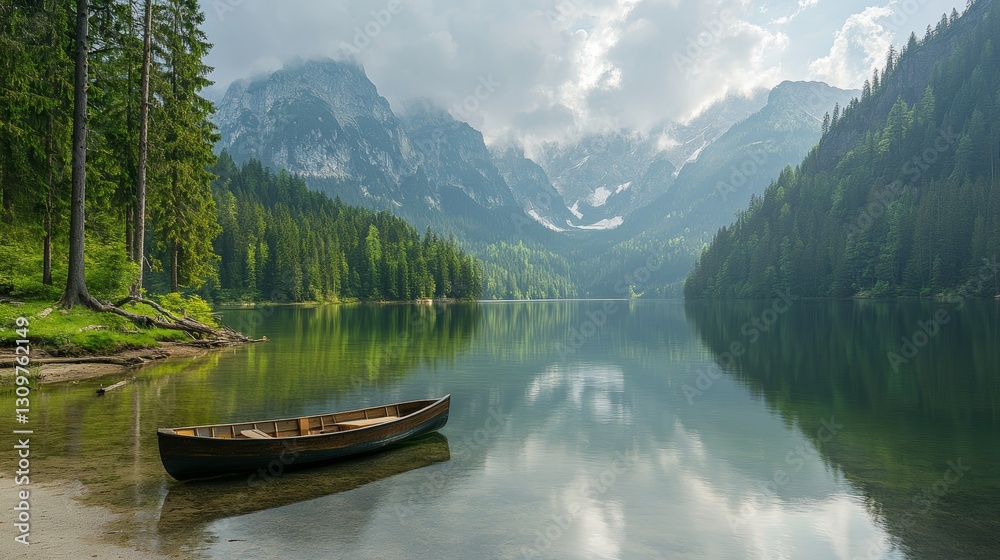 Serene Mountain Lake with Rowboat at Dawn Serene Mountain Lake with Rowboat at Dawn