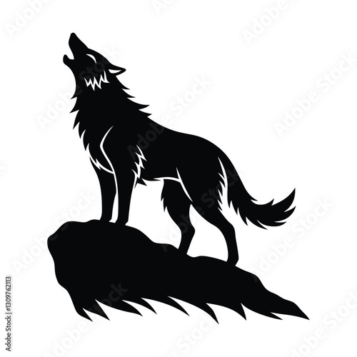 silhouette of a roaring wolf on a rocky cliff