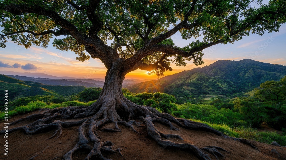 Majestic tree with expansive roots under sunset over green mountainous landscape Majestic tree with expansive roots under sunset over green mountainous landscape