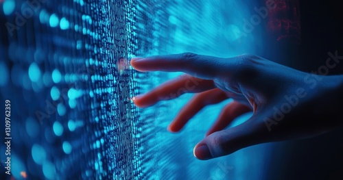 Hand touching digital data stream on futuristic blue interface