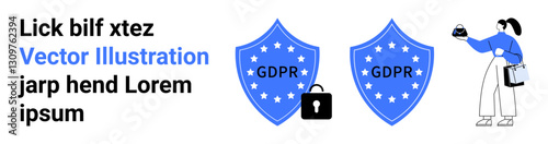 Two blue shields with GDPR text, stars, and locks paired with a woman holding data. Ideal for data security, privacy policies, cyber protection, EU regulations, legal safety, online trust flat