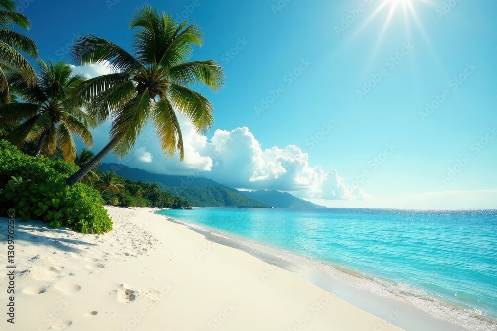 White sand, palm trees silhouette, distant island, island, view, travel White sand, palm trees silhouette, distant island, island, view, travel