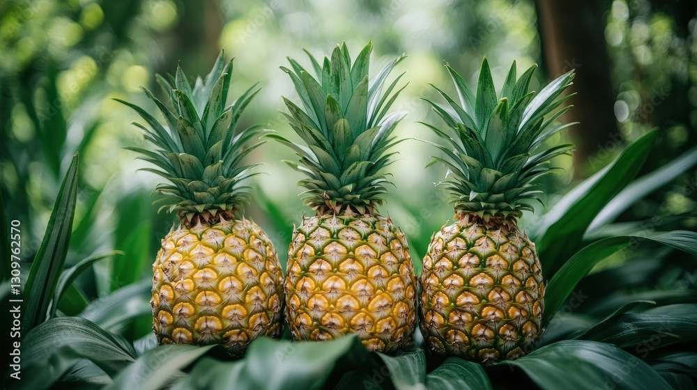 A radiant pineapple sits amidst a verdant forest, its spiky crown tilting gracefully left as it faces right, nestled in nature's vibrant embrace A radiant pineapple sits amidst a verdant forest, its spiky crown tilting gracefully left as it faces right, nestled in nature's vibrant embrace