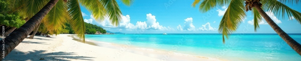 Sun-drenched beach, turquoise water, swaying palms , coastal, green, sea Sun-drenched beach, turquoise water, swaying palms , coastal, green, sea