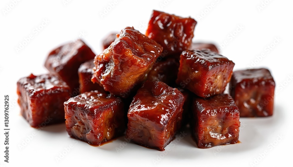 Close-up of pile of delicious burnt ends isolated on white backdrop. Roasted pork meat cubes coated in sweet sauce for dinner, snack. Shashlik, grilled steak cubes. Close-up of pile of delicious burnt ends isolated on white backdrop. Roasted pork meat cubes coated in sweet sauce for dinner, snack. Shashlik, grilled steak cubes.