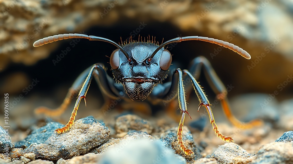 Close-up of a black ant exiting its anthill on a rough surface reflecting the efficiency of its colony Close-up of a black ant exiting its anthill on a rough surface reflecting the efficiency of its colony