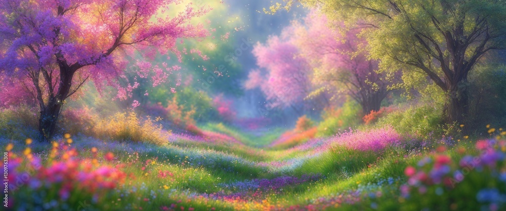 In a lush spring environment, colorful flowers bloom along a winding path, framed by vibrant trees. The scene is tranquil, inviting peaceful strolls and nature appreciation under soft sunlight In a lush spring environment, colorful flowers bloom along a winding path, framed by vibrant trees. The scene is tranquil, inviting peaceful strolls and nature appreciation under soft sunlight