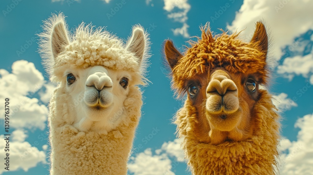 Obraz premium A serene close-up captures an alpaca's soft gaze against a backdrop of azure skies and fluffy white clouds, subtly angled to evoke gentle curiosity