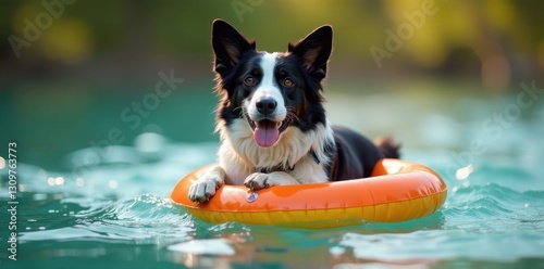 Border collie, buoyant swimming ring, happy dog , vibrant, water fun